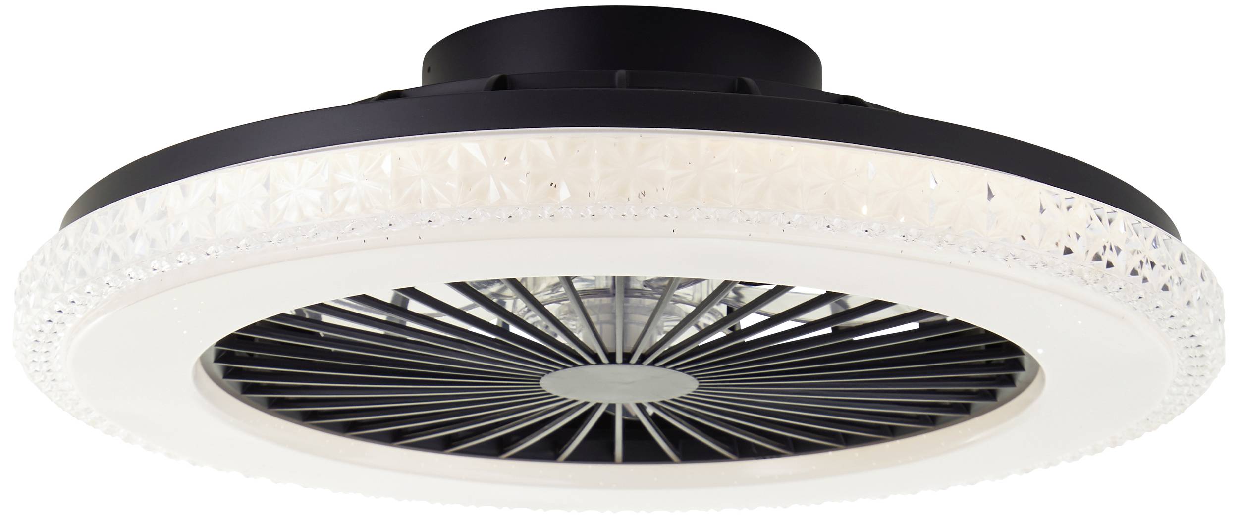 Een moderne plafondlamp met een rond, zwart behuizing en een ventilator, omgeven door een decoratieve, transparante rand.