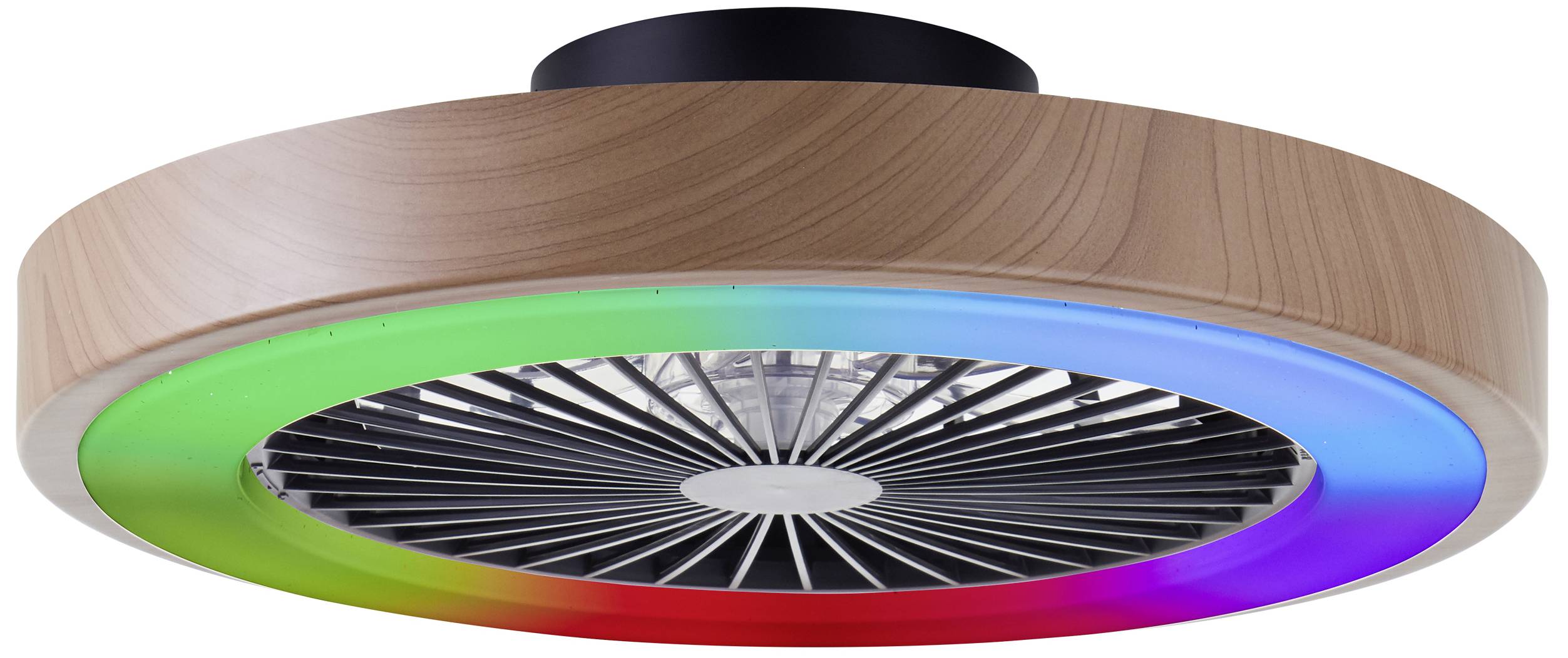 Ronde plafondventilator met houtlook en LED-verlichting in groen, blauw en rood.
