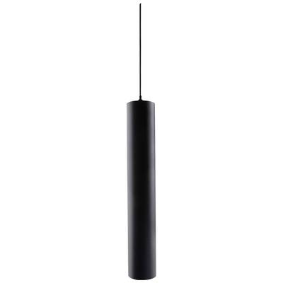 Zwarte cilindrische hanglamp met een dun snoer, minimalistisch en modern ontworpen.
