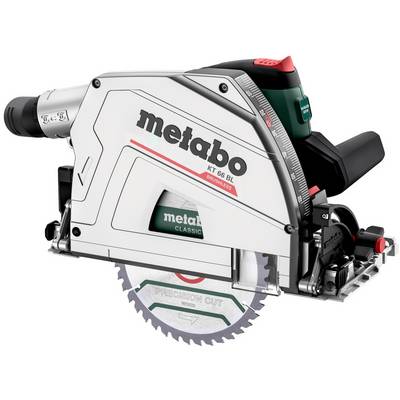 Metabo cirkelzaag met geleiderail en zaagbladbehuizing, getoond in zijzicht op een witte achtergrond.