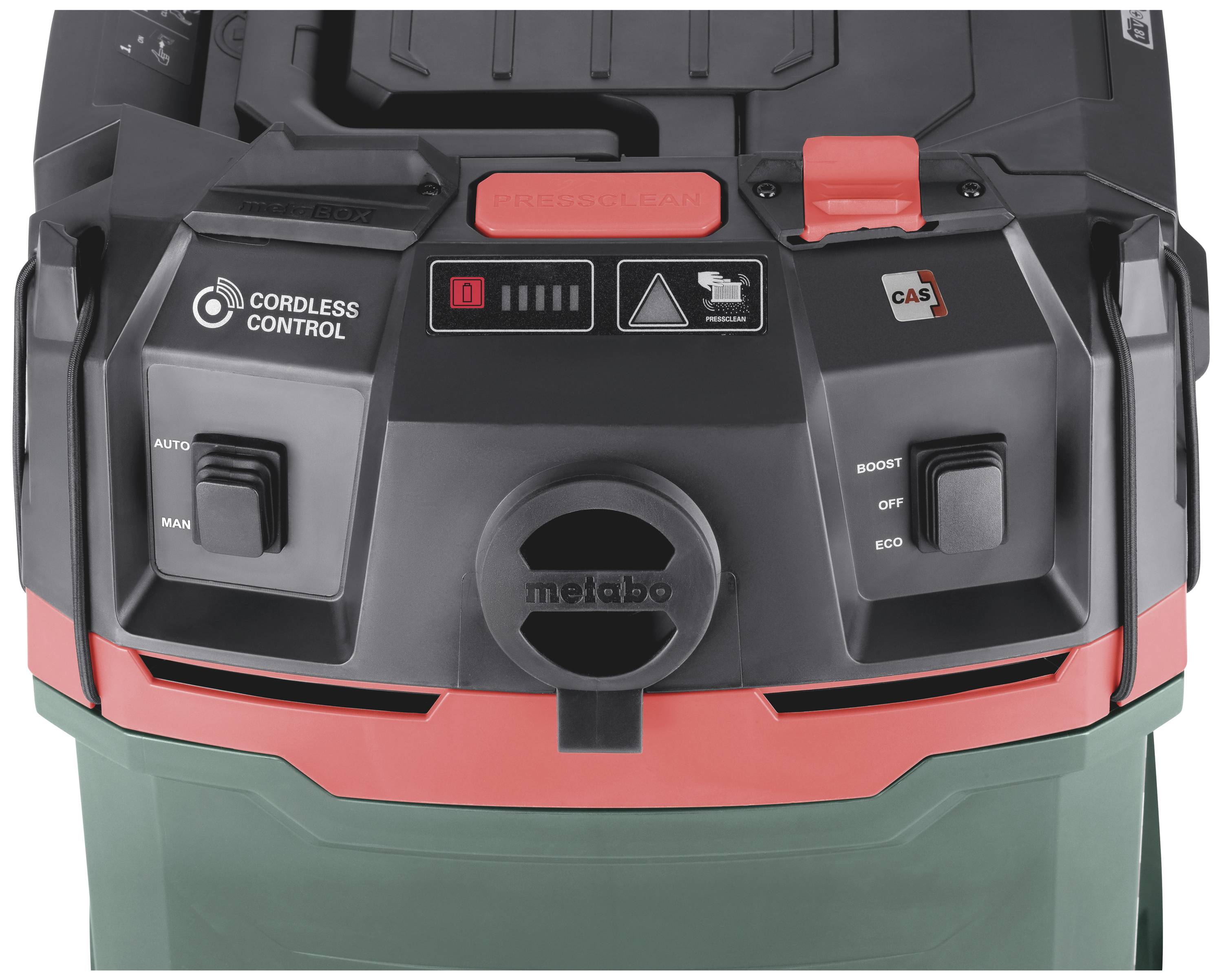 'Metabo accu-stofzuiger' met toetsen voor 'Auto', 'Handmatig', 'Boost', 'Eco' en 'Cordless Control'-symbool.