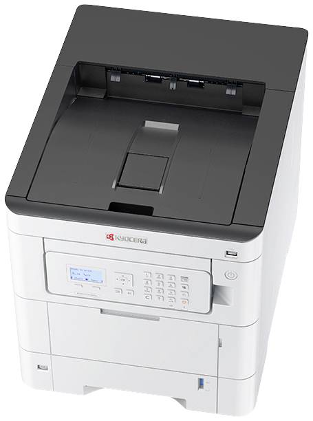 Een witte multifunctionele printer met een zwart bovenblad en een bedieningspaneel met display en toetsen aan de voorkant.