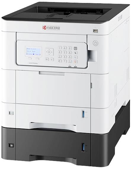 Een witte kantoorprinter met bedieningspaneel en display. In het bovenste gedeelte bevindt zich de papieruitvoer. De printer staat op een zwarte voet.