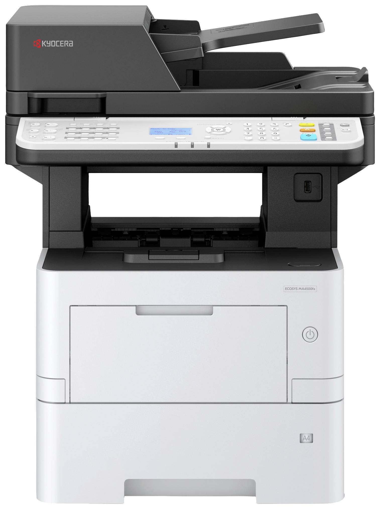 Een multifunctionele kantoorprinter met scanner, kopieerapparaat en faxfunctie. Het bedieningspaneel heeft verschillende gekleurde toetsen en een display.