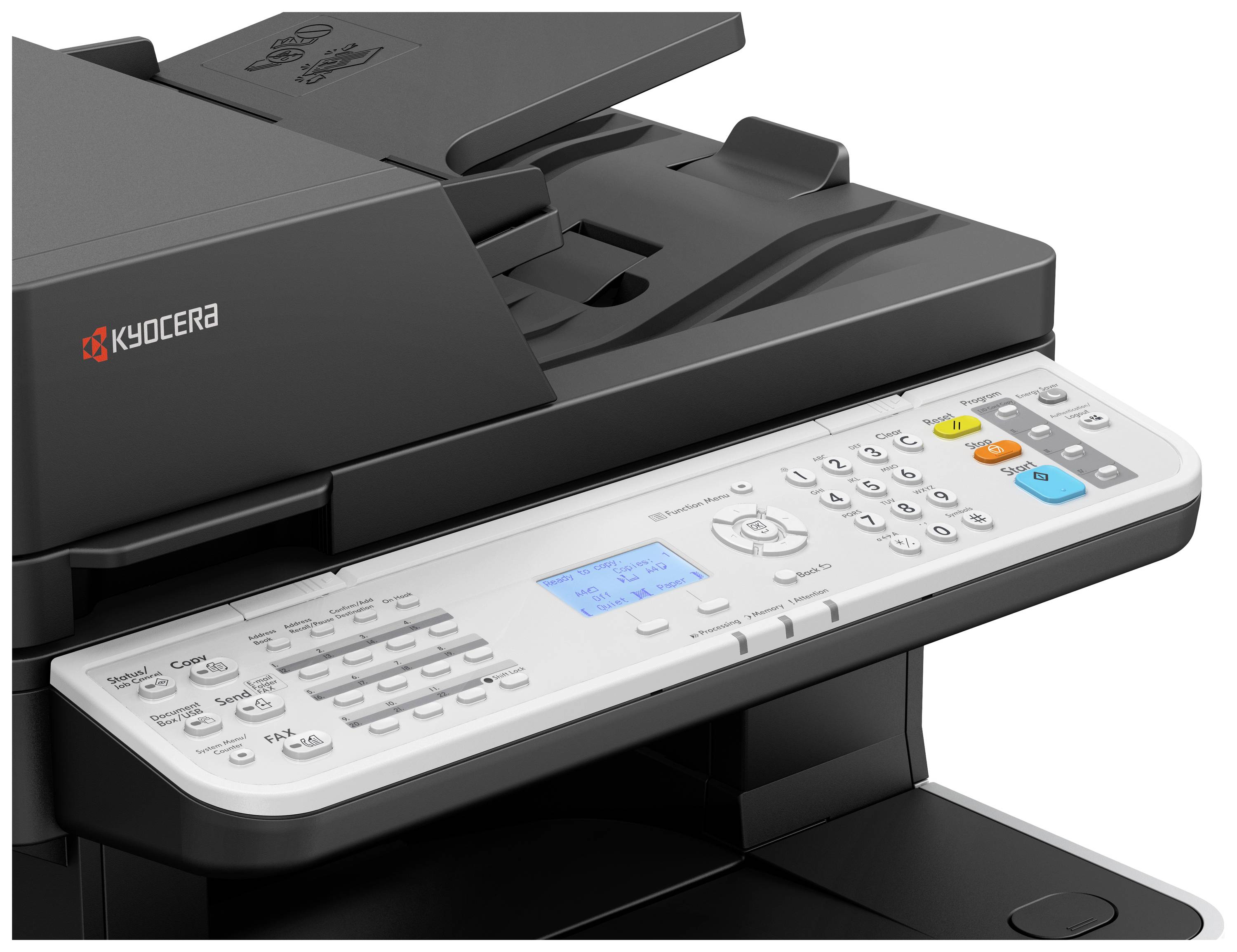 Een multifunctionele printer met talrijke toetsen en een klein display op het bedieningspaneel; merk Kyocera.