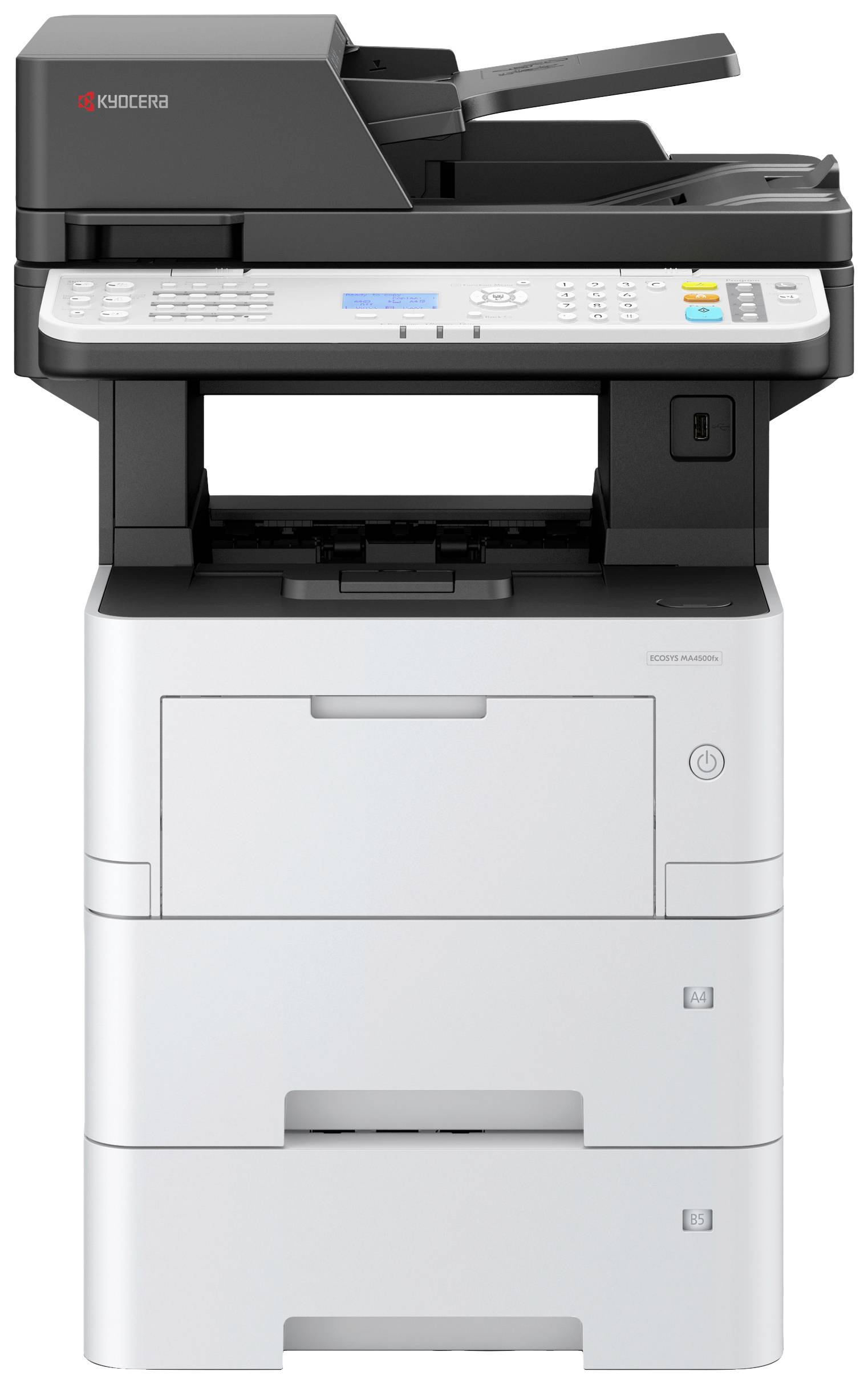 Een multifunctionele printer met scanner en kopieerfunctie, geschikt voor kantoren. Bedieningspaneel bevindt zich bovenaan, papierlade onderaan.