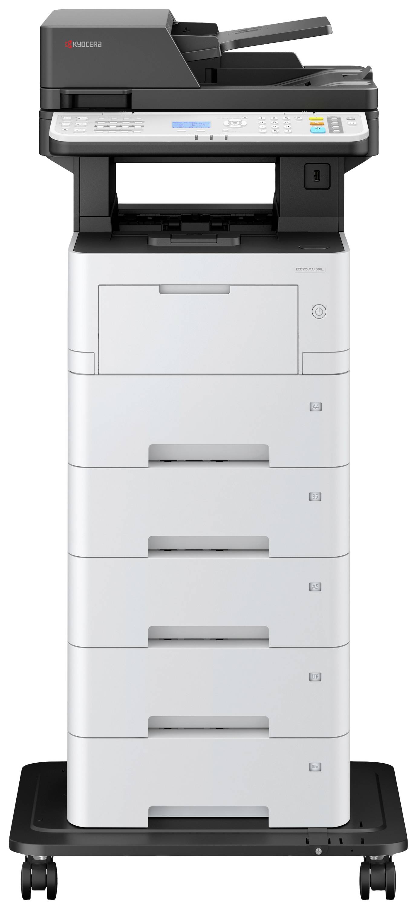 Een groot, veelstaps all-in-one-printapparaat met meerdere papierladen en een digitaal bedieningspaneel, geschikt voor kantooromgevingen.