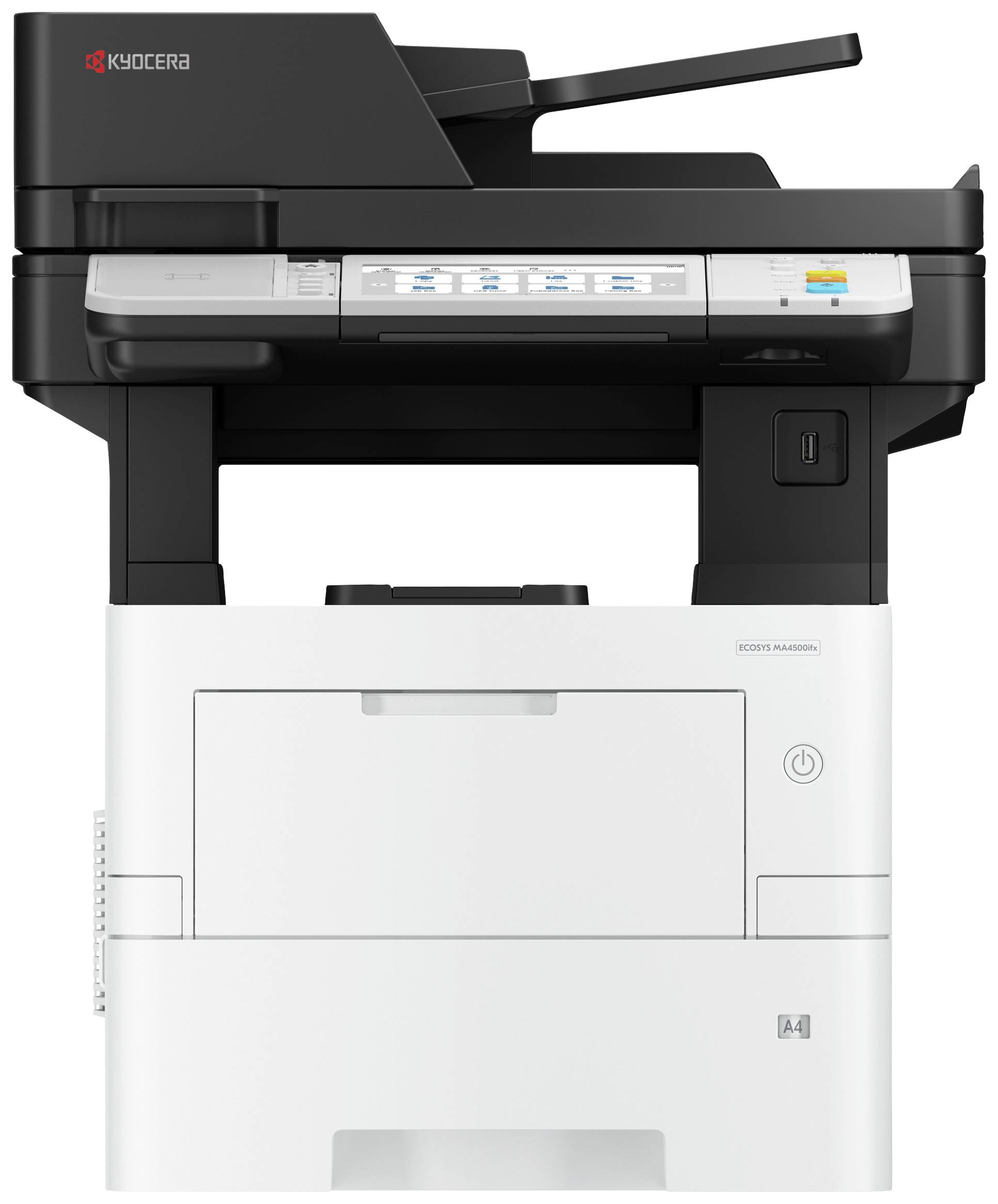Een multifunctionele printer met scanner en bedieningselementen, merk Kyocera. Ideaal voor kantoorgebruik. Kleurendisplay is zichtbaar.