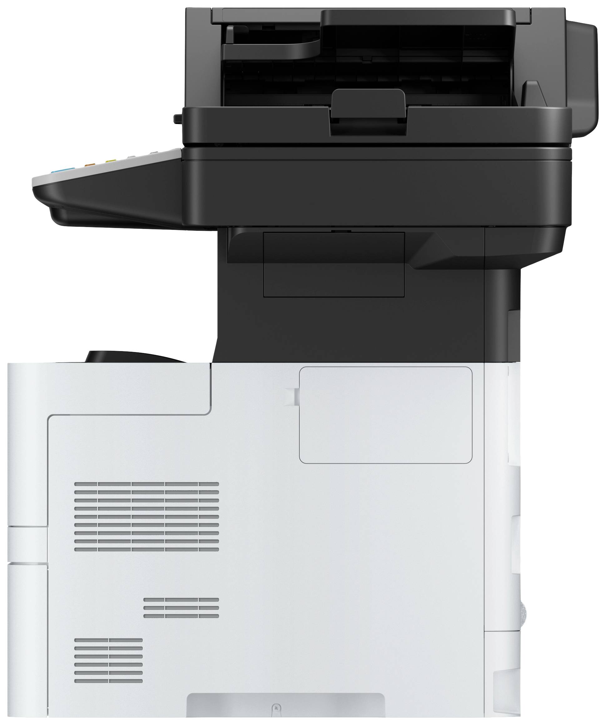 Zijaanzicht van een multifunctionele printer met papiertoevoer bovenaan en bedieningspaneel links.