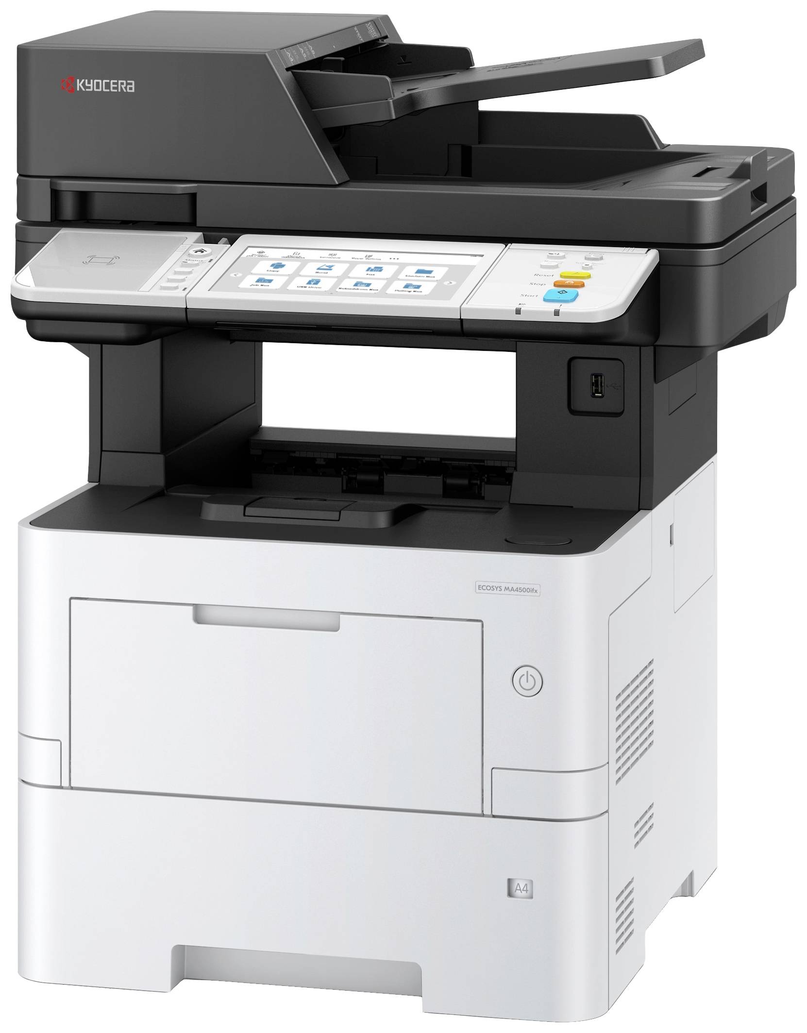 Multifunctionele printer met scan-, kopieer- en afdrukmogelijkheden, meerdere toetsen en een display aan de voorzijde.