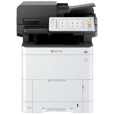 Een multifunctionele printer met bedieningspaneel toont symbolen voor kopiëren, scannen, printen en faxen; Kyocera-logo zichtbaar.