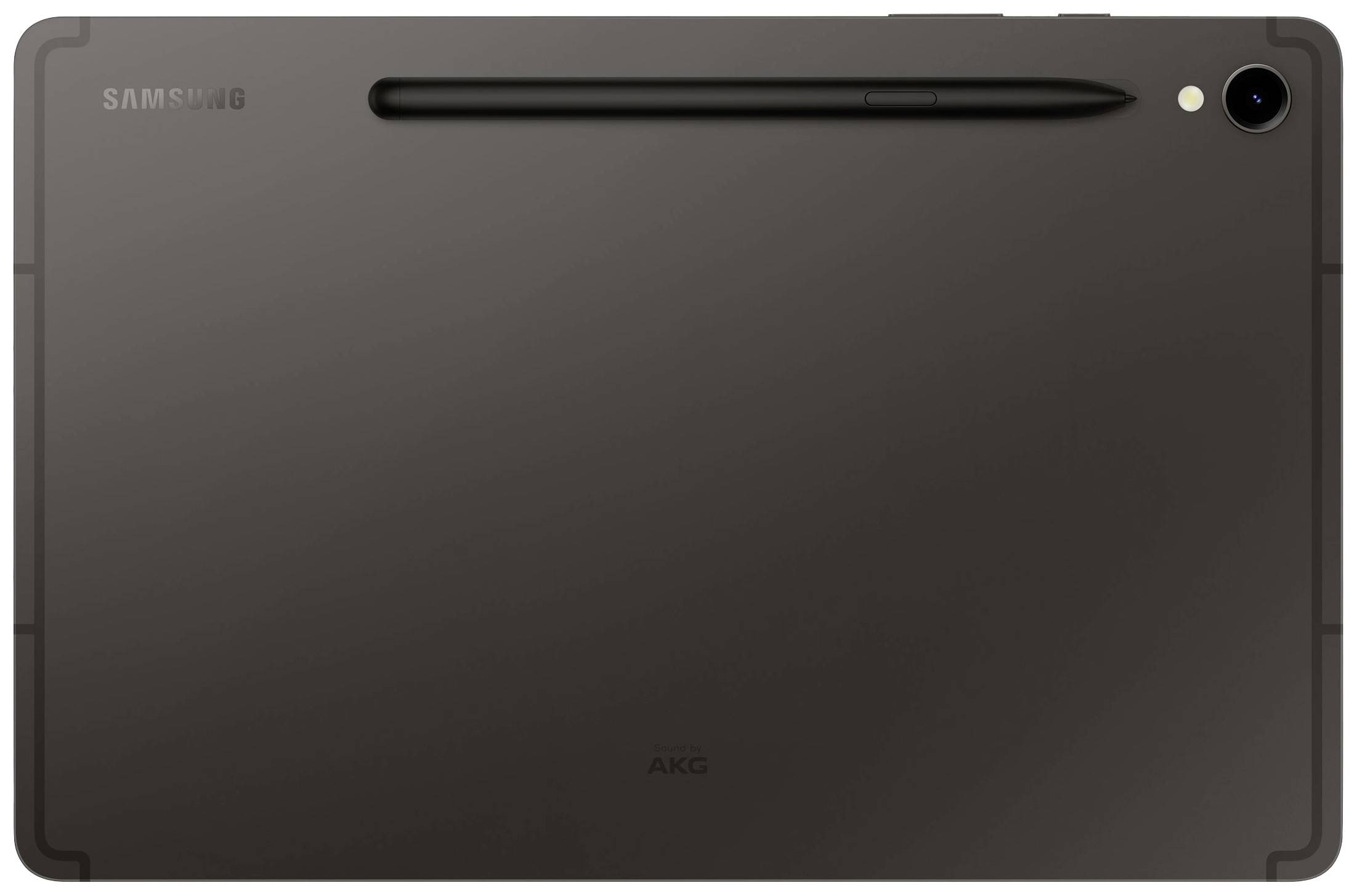 Achterkant van een zwart tablet met een stylus bovenaan. Samsung-logo links, AKG-logo onderaan.