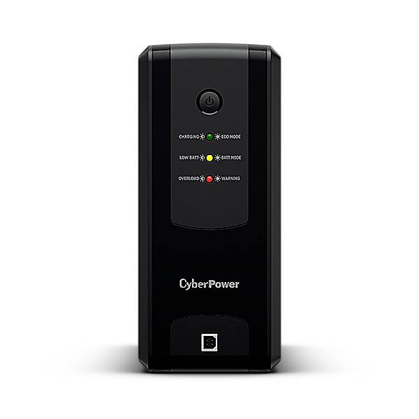 Een ononderbroken stroomvoorziening (UPS) van CyberPower, met LED-indicatoren voor laadstatus, batterijwerking en waarschuwingen.