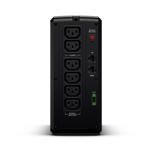 Achterzijde van een ononderbroken voeding (UPS) met zes stopcontacten, een vermogensschakelaar en netwerkaansluitingen.