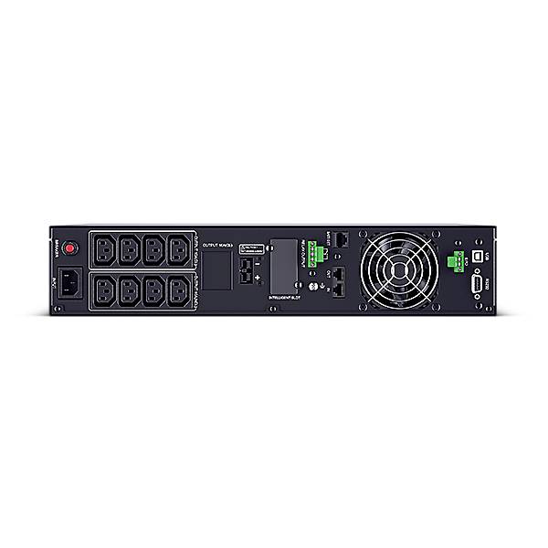 De achterkant van een UPS-apparaat met meerdere stopcontacten, ventilator, Ethernet-aansluiting en LED-indicatoren voor stroommonitoring en netwerkfunctionaliteit.