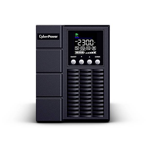 'CyberPower UPS' met display dat '2300 VA' aangeeft. Zwart, rechthoekig apparaat met ventilatiesleuven en meerdere knoppen.