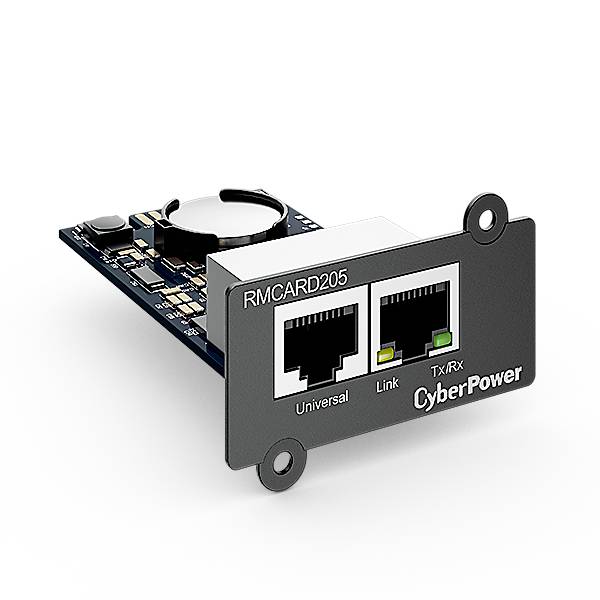 Netwerkaansluiting van CyberPower model 'RMCARD205' met twee Ethernet-poorten voor link- en statusweergave, uitgerust met LED-indicatoren.