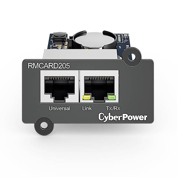 Netwerkaansluiting met twee Ethernet-poorten. Gelabeld als 'RMCARD205' en 'CyberPower'. LED-indicatoren voor verbinding en activiteit.