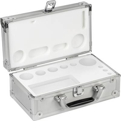 'Aluminium koffer met open deksel, aan de binnenkant voorzien van schuimstof-inzetstukken voor veilige opslag van kwetsbare voorwerpen.'