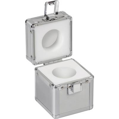Zilveren, geopende doos met schuimstof bekleding en ronde uitsparing.