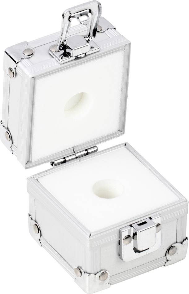 Kleine aluminium koffer met open deksel, aan de binnenkant voorzien van witte schuimstof bekledding met een ronde uitsparing in het midden.