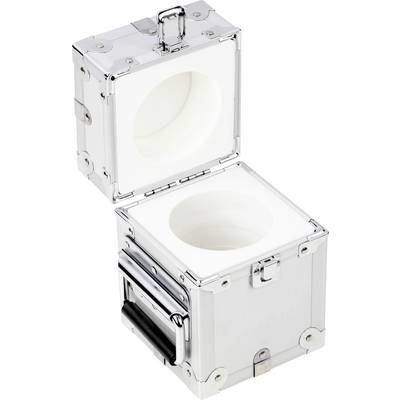 Een geopende, rechthoekige metalen container met handgrepen, die een met schuimstof gevoerde binnenkant met ronde uitsparingen laat zien.