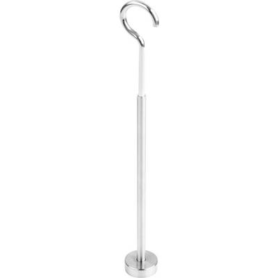 Een metalen papierrolhouder in moderne, slanke constructie, staand op een ronde voet met een gebogen haak bovenaan.