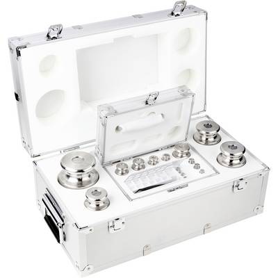 Een geopend metalen etui toont precisiegewichten van verschillende afmetingen, die zijn vastgezet in schuimstofvoering, voor kalibratie.