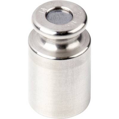 Een cilindrisch metalen gewicht, zilverkleurig, met een afgeronde greep bovenaan; gebruikt voor het kalibreren van weegschalen.