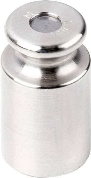Metalen gewicht, cilindrische vorm, met op de bovenkant de inscriptie '1 kg', gebruikt voor nauwkeurige gewichtsmetingen.