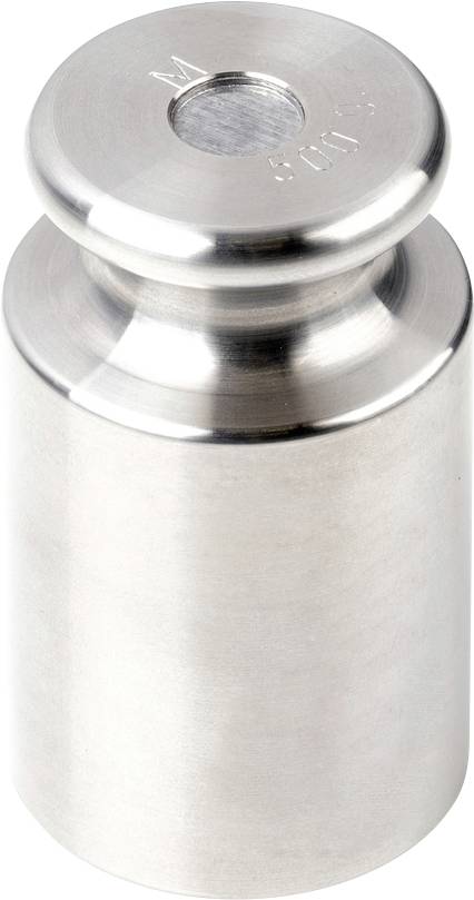 Metalen gewicht, cilindrisch, met gegraveerde opdruk '500g'. Gebruikt voor kalibratie en meting.