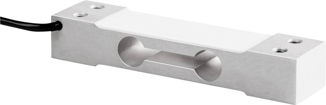 Metaalsensor in rechthoekige vorm met twee montageschroefgaten en een kabel voor signaaltransmissie. Geschikt voor belastingsmetingen.