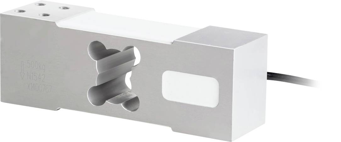 Een zilveren weegcel met rechthoekige vorm en een ingesneden middendeel; een zwart kabel is aangesloten aan de rechterkant.