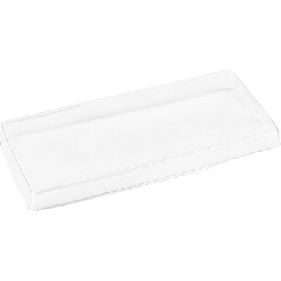 Een rechthoekig, transparant dienblad van kunststof, licht verhoogd. Het is geschikt voor presentatie of het serveren van gerechten.
