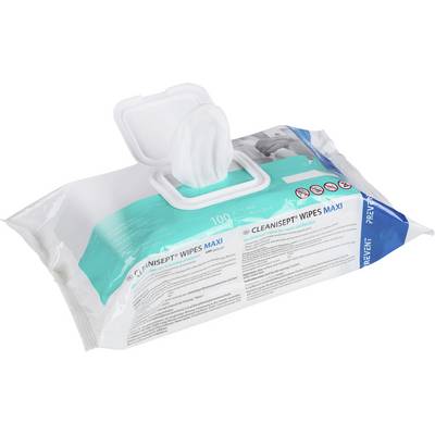 Een geopend pakje reinigingsdoekjes met een turquoise etiket met de opdruk 'CLEANISEPT WIPES MAXI', geschikt voor desinfectie.
