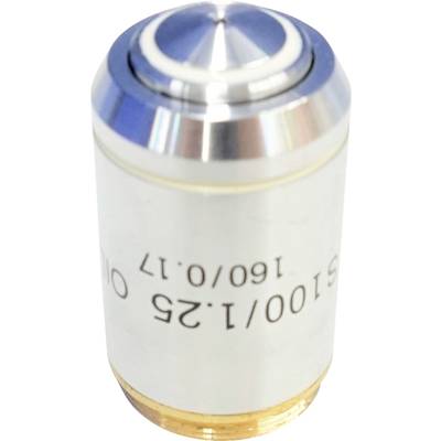 Microscoop-objectieflens met metalen behuizing, aanduiding '160/0.17' en '105/1.25 Oil', zilver- en goudkleurige accenten.