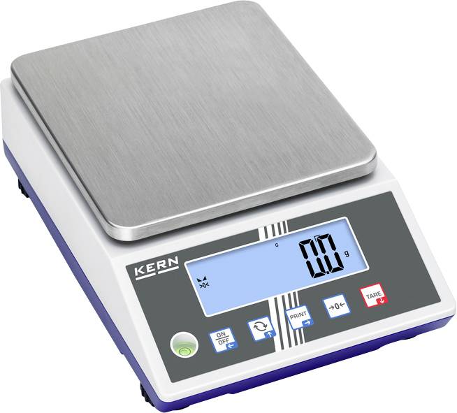 Digitale keukenweegschaal met roestvrijstalen platform en blauw lcd-scherm, toont '0 g'. Merknaam en bedieningselementen onderaan.