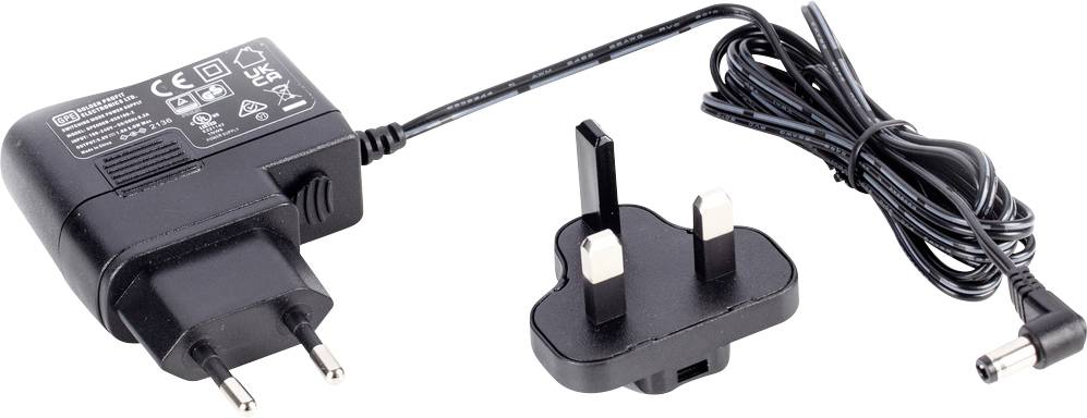 Zwart-wit voedingsadapter met verwisselbare adapter, geschikt voor verschillende stopcontacttypen, met een lang snoer en ronde stekker.