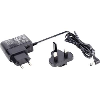 Zwart-wit voedingsadapter met verwisselbare adapter, geschikt voor verschillende stopcontacttypen, met een lang snoer en ronde stekker.