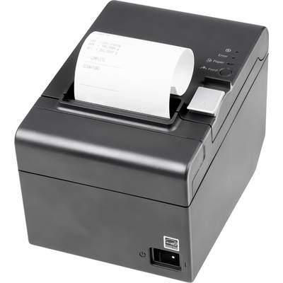 Een zwarte thermoprinter met een afgedrukte bon bovenop. De printer heeft knoppen voor papierafgifte en een statusindicator.