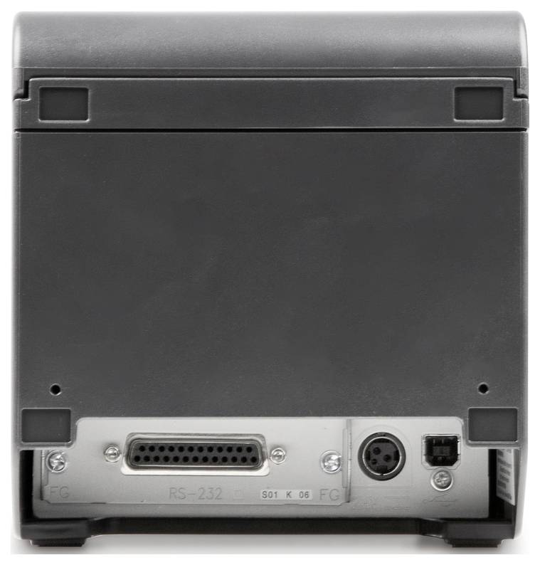 Achteraanzicht van een elektronisch apparaat met verschillende aansluitingen, waaronder een RS-232-poort en een ronde stekker, gemonteerd op een metalen plaat.