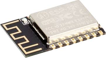 Een ESP-12F WLAN-module met metalen behuizing en meerdere aansluitpunten op een printplaat.