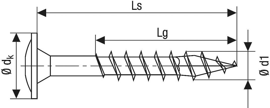 Een technische tekening van een verzonken schroef met afmetingen: totale lengte (Ls), schroefdraadlengte (Lg), kopopmeting (dk), buitendiameter (d1).