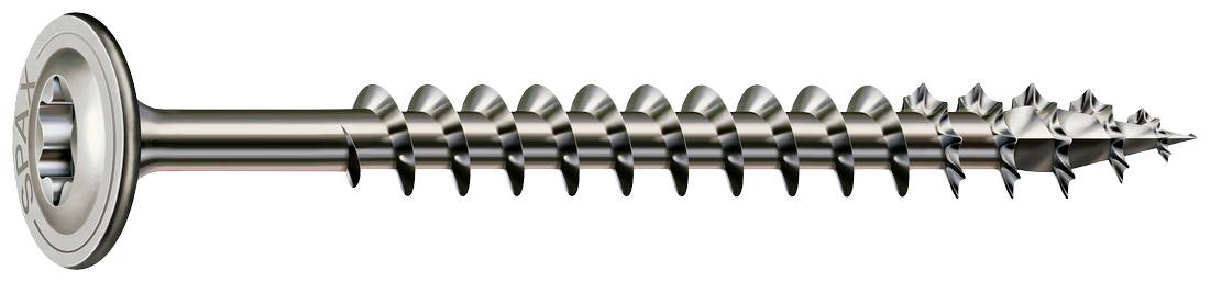 Een zilveren metalen schroef met een Philips-kop en schroefdraad tot aan de punt, voor een witte achtergrond.