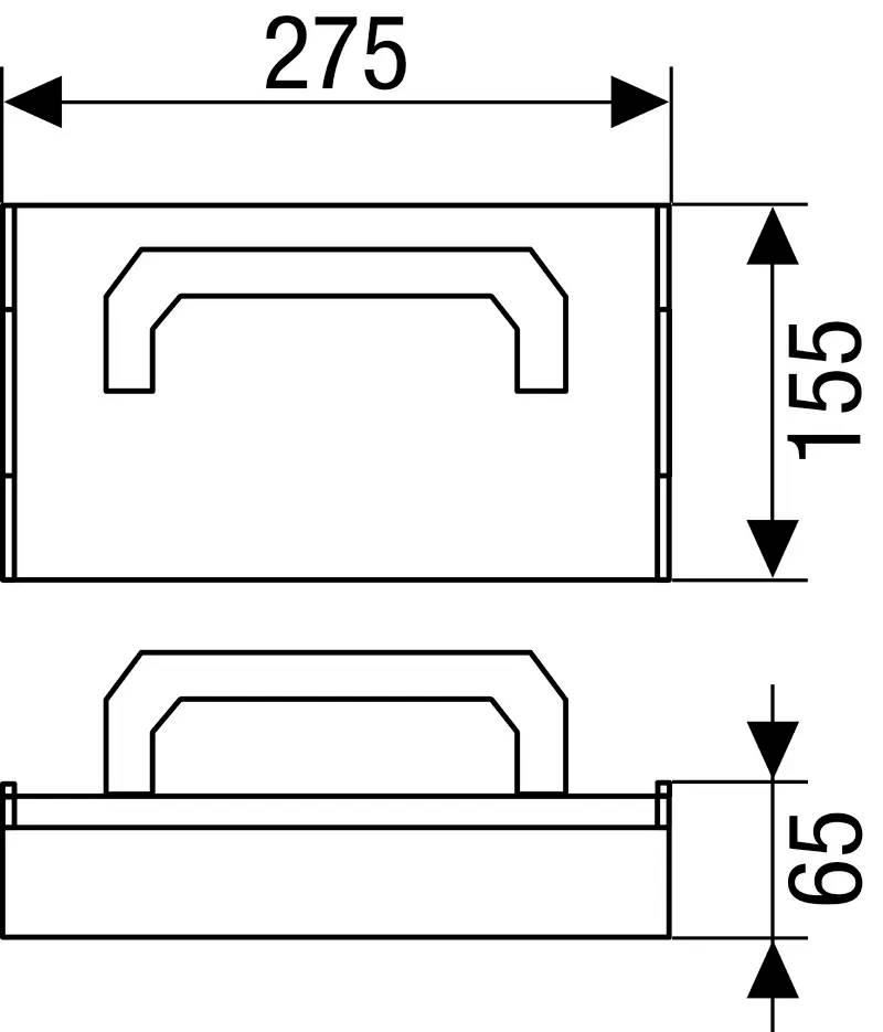 Technische tekening van een rechthoekig object met handgreep, afmetingen: 275 mm breedte, 155 mm hoogte, 65 mm diepte, zij- en vooraanzicht.