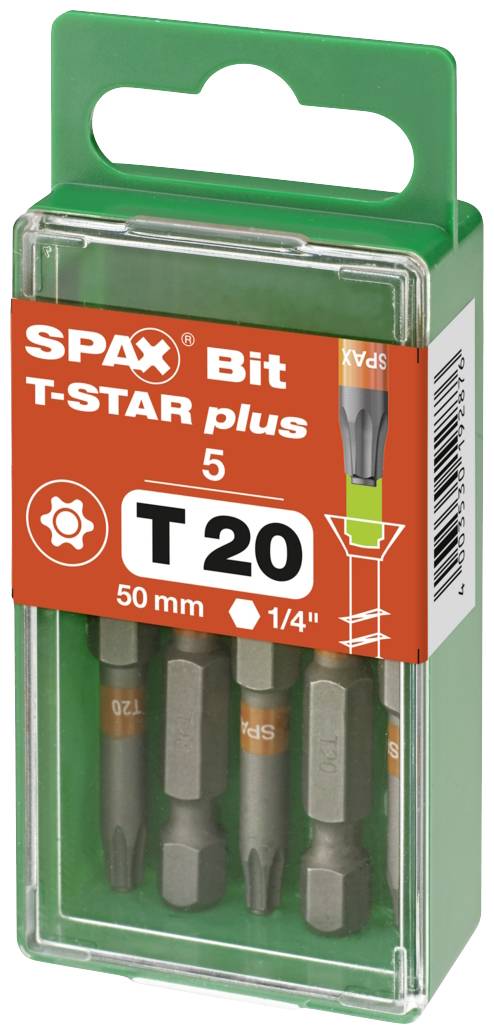 Een verpakking met vijf SPAX T-STAR plus bits, maat T20, 50 mm lang, voor schroevendraaiers.