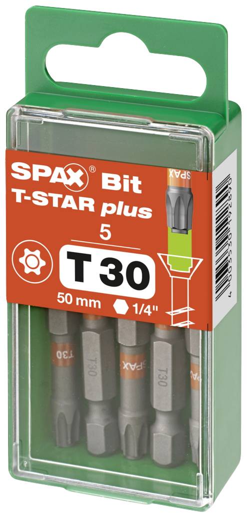 'SPAX Bit T-STAR plus, 5 stuks, T30, 50 mm, 1/4 inch' in een groene verpakking. Hoofdzakelijk gebruikt voor schroefwerkzaamheden.
