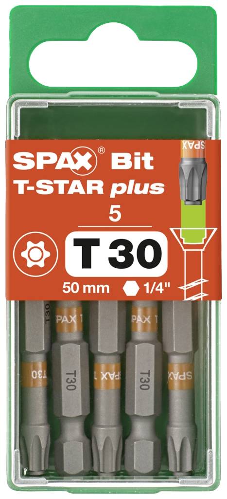 Verpakking van SPAX Bit T-STAR plus met 5 bits, maat T30, lengte 50 mm, 1/4" aandrijving, in transparante doos.
