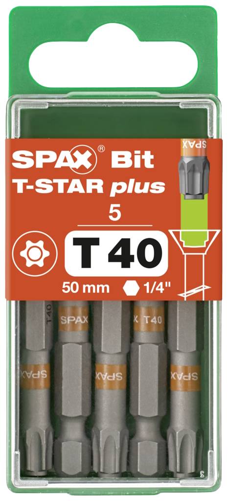'SPAX Bit T-STAR plus T40', groene verpakking, 5 bits, 50 mm lengte, 1/4 inch. Gebruik voor schroefverbindingen.