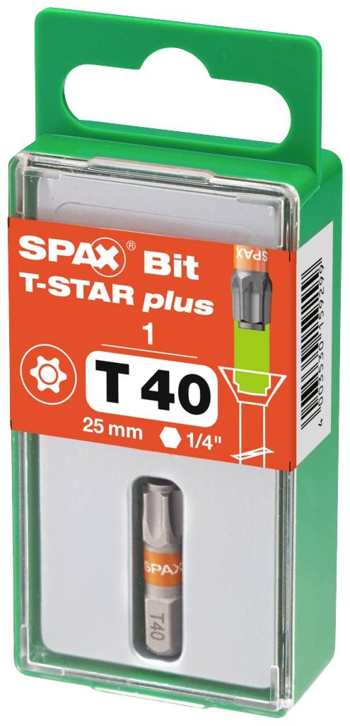 Verpakking met een SPAX T-STAR plus bit, maat T40, 25 mm lang, 1/4 inch opname, in een transparante doos met een oranje etiket.